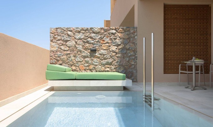 Analipsi Villa | Glorious Chersonisos Suite | Catherine Suite | Adults Only | Private Furnished Balcony or Terrace with Private Pool and Sea View | Two Shared Outdoor Swimming Pools | Furnished Sun Terrace | Shared Spa Facilities | Fitness Centre | Analipsi, Hersonis
