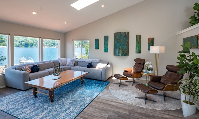 Big Lake Casa | Inviting lakefront home with hot tub, game room, dock, kayaks, pool table, & W/D