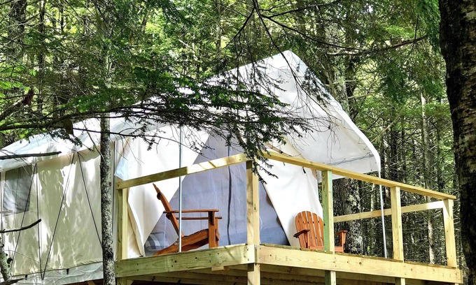 Mariaville Cabina | Lakefront Glamping Tent + Tiny House A-Frame, King Bed, Fab View, near Acadia