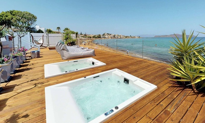Agii Apostoli Villa | Luxury Beachfront Crete Villa | Villa Island Princess | 3 Bedrooms | Direct Access to Glaros Beach | 2 Heated Jacuzzis | Outdoor Lounge & Dining Area | Agioi Apostoloi