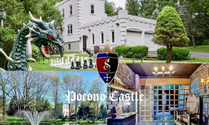 East Stroudsburg Otro | Luxury POCONO CASTLE w/ ESCAPE ROOM, Private Pond, Boats, Sauna & Hot Tub