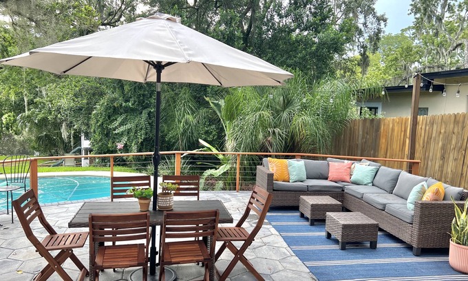 Lakewood Casa | Mid-Century Boho Chic home with Pool, Game Room & Outdoor Playhouse.