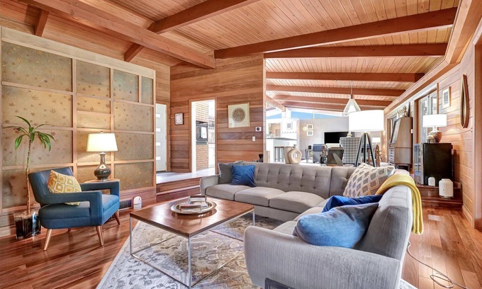 Champaign Casa | Mid-Century Modern House with Hot Tub Near Country Club