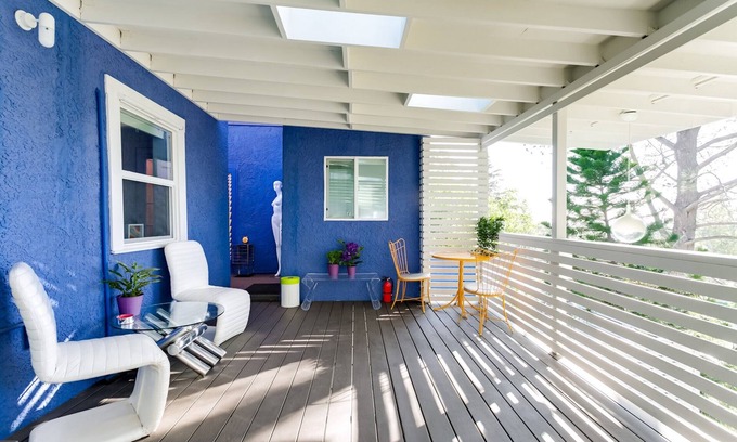 Sunset Junction Casa | Mod Pop-Art Pad in Silver Lake, Balcony with Park View