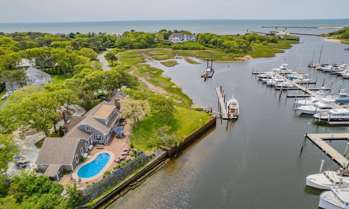 Harwich Port Casa | Nautical retreat with water views, inground heated pool, and private beach access