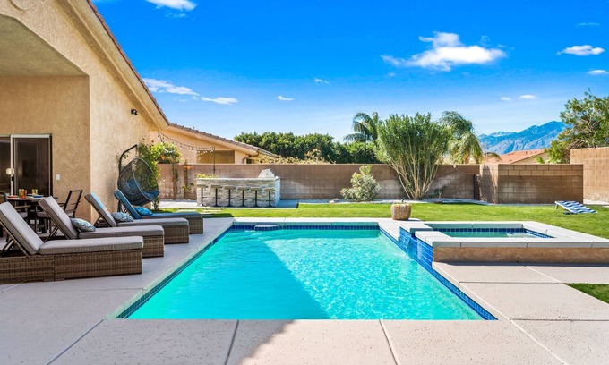 Desert Hot Springs Casa | NEW! Mountain Views, Saltwater Pool&Spa, Firepit and Outdoor BBQ and bar area