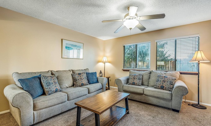 Sugar Beach Casa | Oceanfront townhouse near beach with pool, balcony, central AC, & washer/dryer