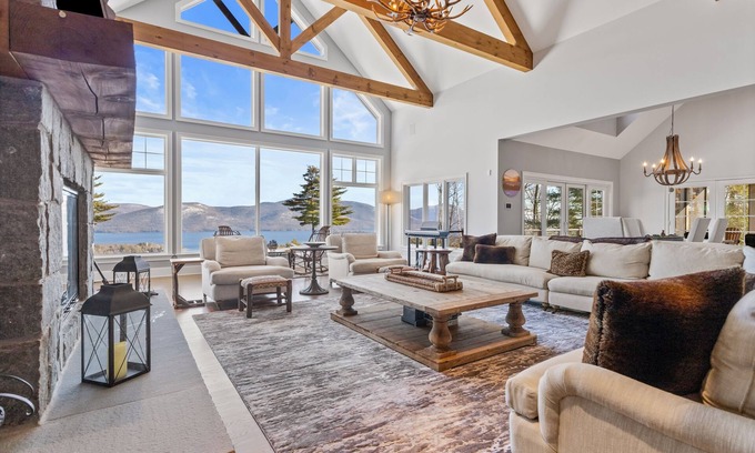 Bolton Landing Casa | Panoramic lake view acreage with game room, sauna & fireplace