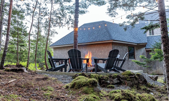 Southwest Harbor Casa | Peaceful private woodland home, open and airy, with ocean views and fire pit
