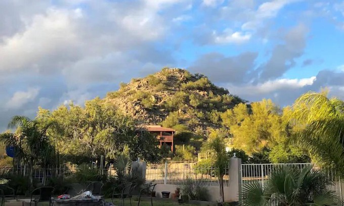 Mountain Bridge Casa | Private 2.5-Acre Retreat with Lush Palms, Pool, Play Train & Tortoises