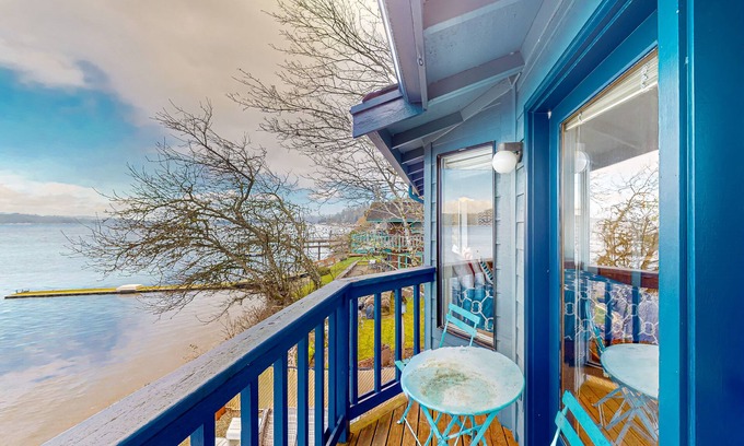 Belfair Casa | Relaxing bay front house with mountain views, lovely deck, wood-stove & firepit