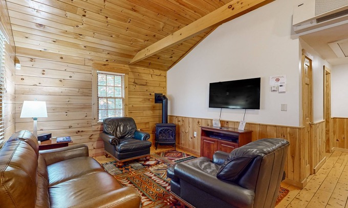 Northport Cabina | Relaxing two bedroom cabin escape w/fireplace, kitchen & wooded views