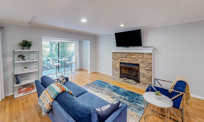 East Ellijay Casa | Riverfront townhome with two decks, fireplace, gazebo & woodland views