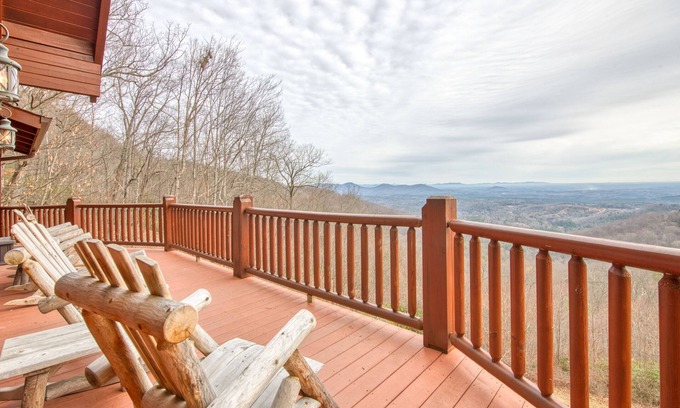 Lake Lure Cabina | Rustic mountain-view home with deck, fire pit, hot tub, fireplace, & game room