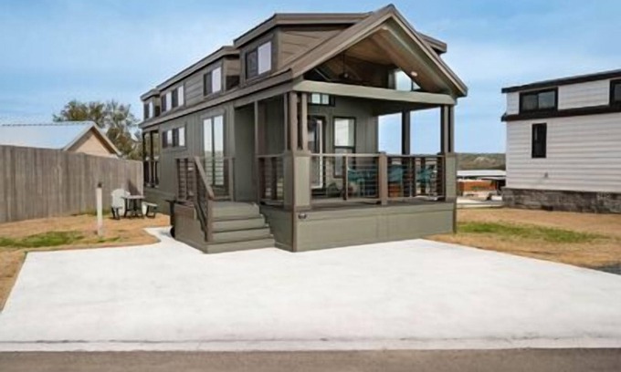 Fredericksburg Cabaña | Pet-Friendly 'Salento Tiny Haus' Features Dual Porches, Solo Stove Fire Pit, and Multi-Purpose Dinin