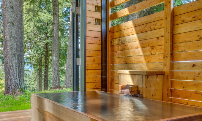 Stevenson Cabina | Serene mountain-view cabin with geothermal hot tub, indoor steam sauna & deck