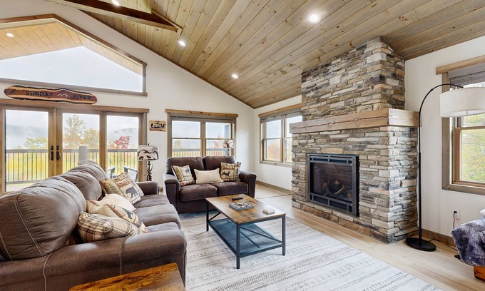 Sunday River Area Casa | Spacious mountain retreat with fire pit, hot tub, sauna, and foosball