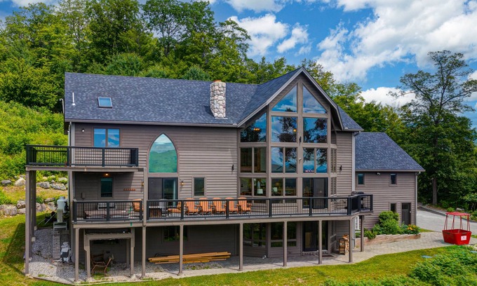 Sunday River Area Casa | Sprawling mountain-view home with private pool, hot tub, game room, & fireplace