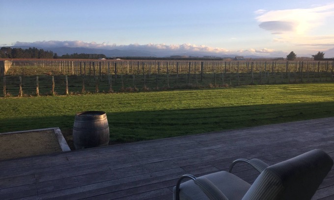 Martinborough Casa | Impresionantes vistas de las Tararuas adyacentes a un viñedo con vistas lejanas de la vid.