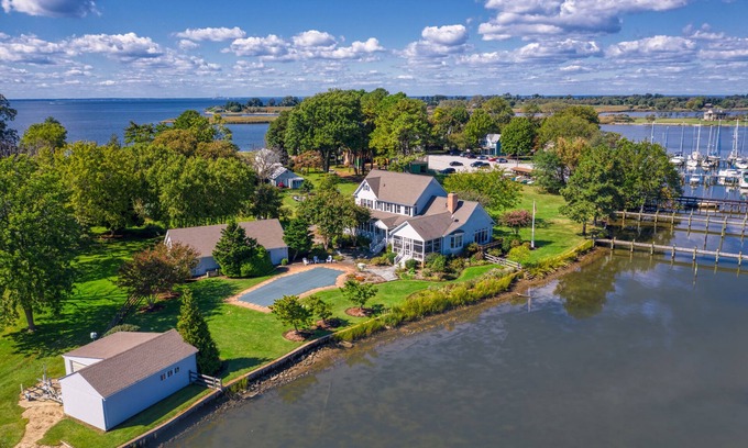 Rock Hall Casa | Stunning Waterfront Home, long pier, pool, featured in Conde Nast Traveler