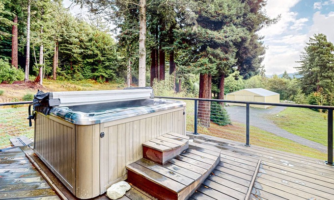 McKinleyville Casa | Tranquil and luxe river stay with wraparound deck, hot tub, sauna, & mtn views