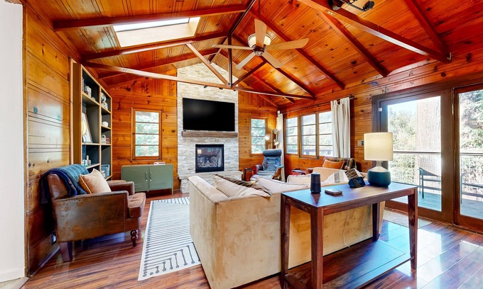 Forestville Casa | Ultra-private riverfront retreat with private hot tub & multi-tiered deck
