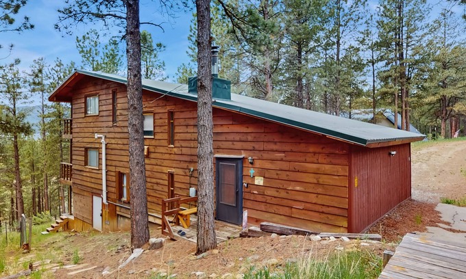 Angel Fire Casa | Unique lodge w/ mountain & valley views, wood-burning fireplace, and decks