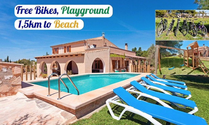 Campos Casa | Villa a 1'5km de playa de Es Trenc. Piscina. Bicicletas. Parque Infantil.