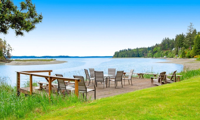 Lakebay Casa | Waterfront retreat with private beach, cookhouse, hot tub, EV charger, & firepit