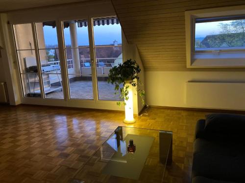 Schaffhausen Apartamento | Zimmer direk am Waldrand mit Ausblick über Schaffhausen und Wohnzimmer mit Kamin