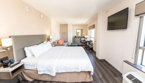 Habitación, 1 cama de matrimonio grande, frigorífico, vistas a la ciudad