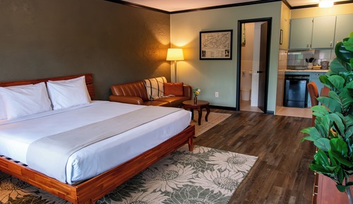 Habitación tradicional, 1 cama de matrimonio grande con sofá cama, cocina básica, junto a la piscina