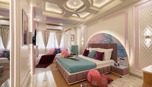 Lavender Theme Neo modern Room with Purple designer Bed & Extra Day bed