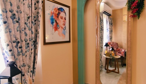 Bohemian Theme Room with Artistic Rattan decor & Designer Washroom
