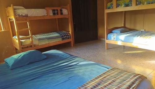 Habitación familiar, varias camas, baño privado, vistas a la piscina