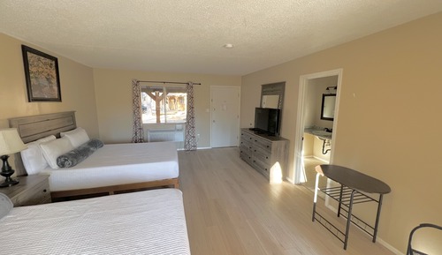 Habitación básica, 2 camas de matrimonio, frigorífico y microondas