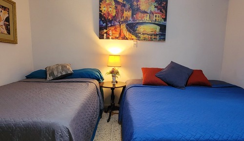 Habitación ejecutiva doble, varias camas, frigorífico y microondas, vistas al jardín