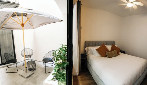Habitación básica, 1 cama de matrimonio, barras de apoyo en la ducha, patio