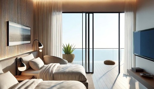 Habitación con 2 camas individuales, balcón, vistas al mar