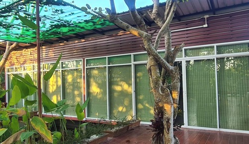 Cabaña, varias camas, frigorífico, vistas al jardín