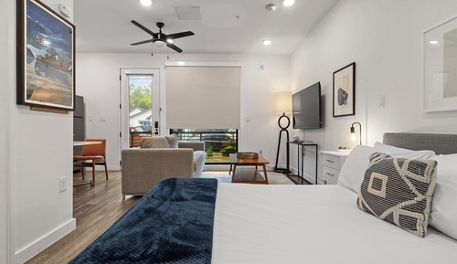 Estudio, 1 cama de matrimonio con sofá cama, ducha adaptada, vistas a la ciudad
