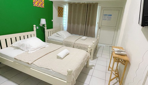Habitación con 2 camas individuales, baño privado, vistas al jardín