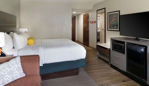 Habitación, 1 cama de matrimonio grande con sofá cama, frigorífico y microondas
