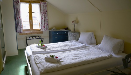 Habitación estándar con 2 camas individuales, baño compartido, vistas a la montaña