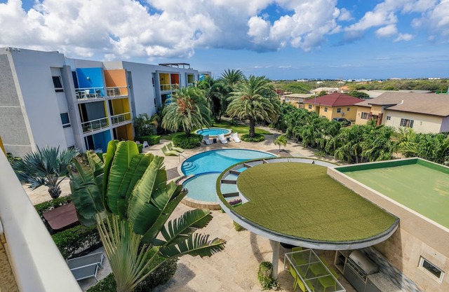 2 bedrooms and 2 baths in a tropical setting. Amazing outdoor spaces and a very convenient location. Less than 2 miles from stunning Eagle Beach and the High-rise hotel district with shopping, casinos and restaurants.