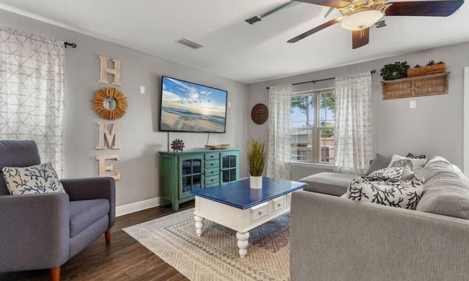 Sunset Bayou Casa | Beachy Blue House, 5 minutes to beach, with private hot tub, 3 bedrms/2.5 baths